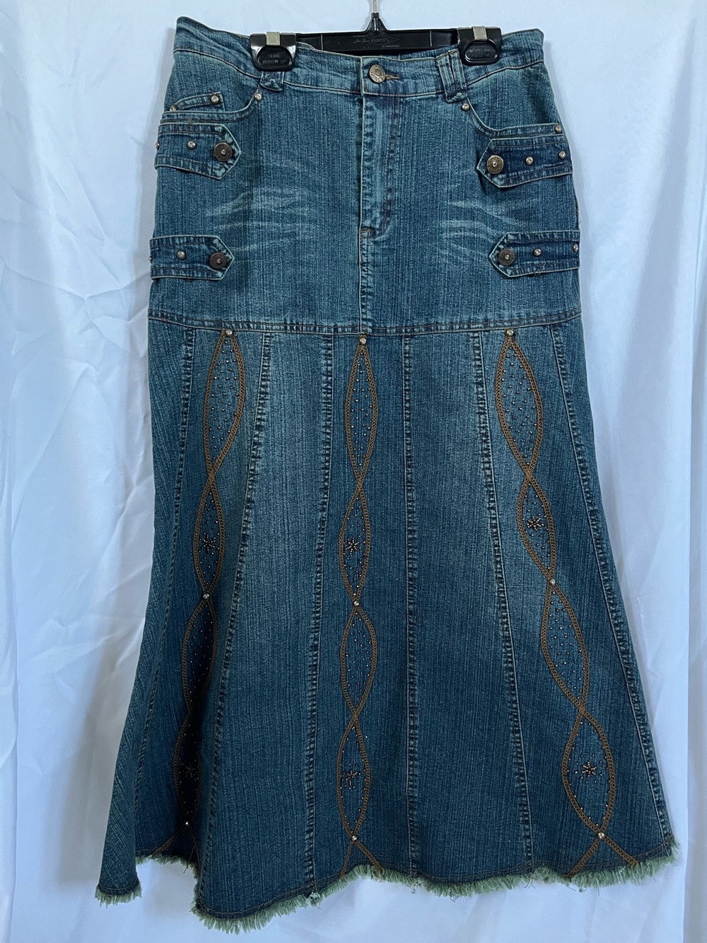 Vintage - Embroidered Dark Blue Denim A-Line Maxi Skirt